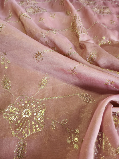 Zari Sequence Work with Pure Jute Silk Fabric peach Color