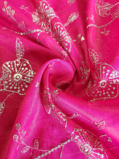 Zari Sequence Work with Pure Jute Silk Fabric Dark Pink Color