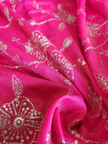 Zari Sequence Work with Pure Jute Silk Fabric Dark Pink Color