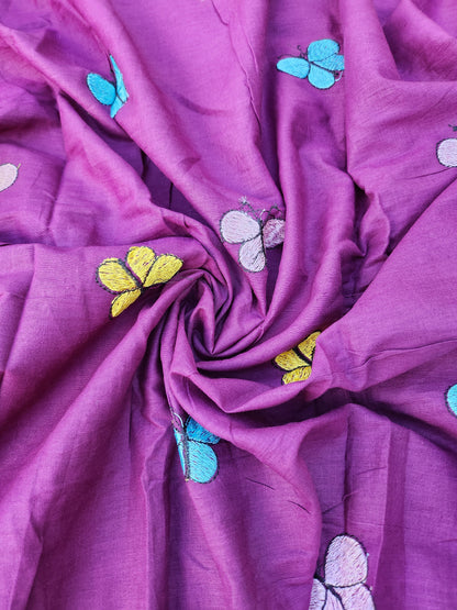 Dark Purple Color Kora Cotton with Multi Color Embroidery Butterfly