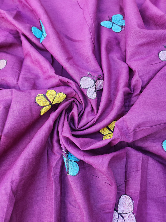 Dark Purple Color Kora Cotton with Multi Color Embroidery Butterfly