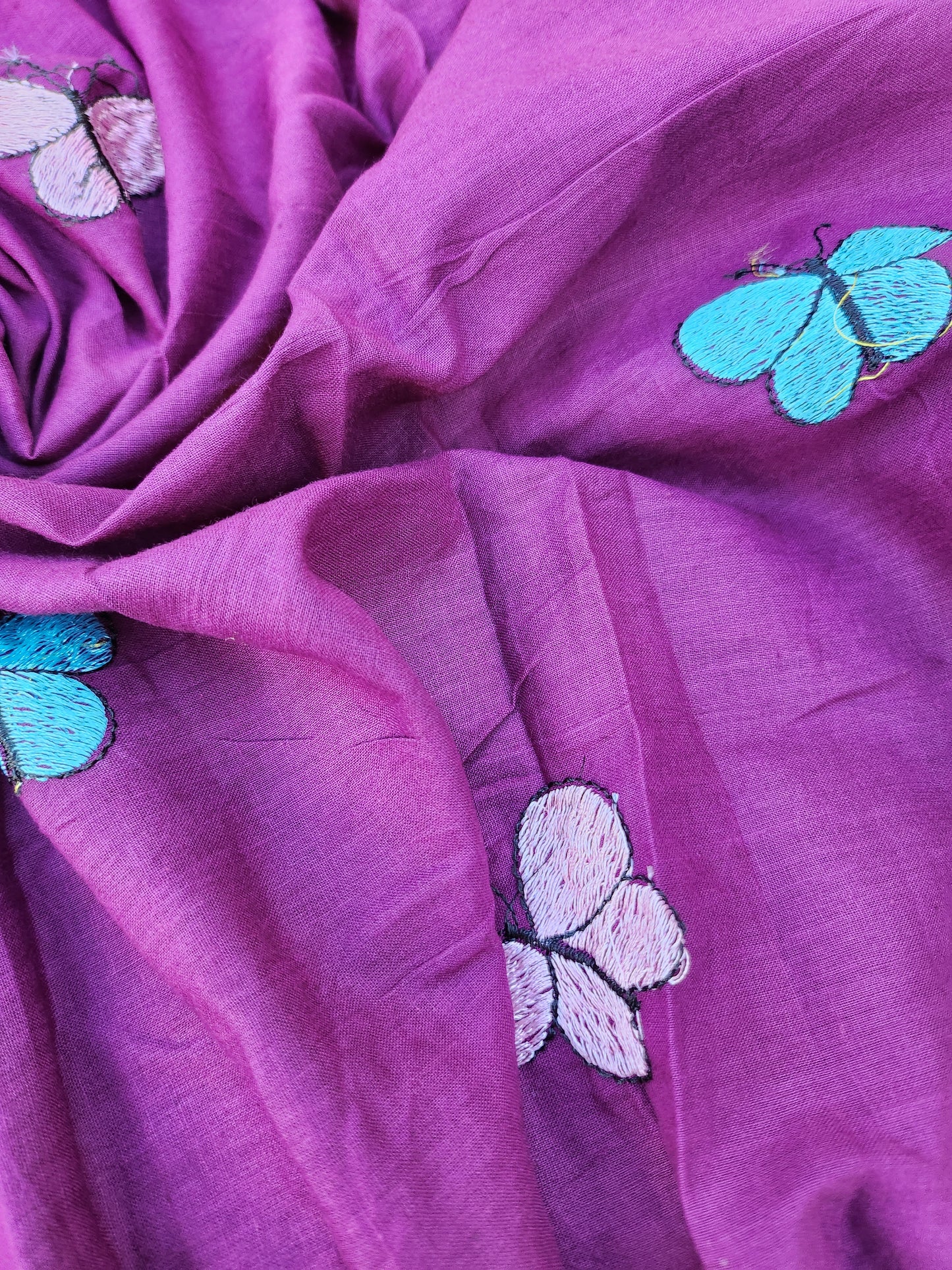 Dark Purple Color Kora Cotton with Multi Color Embroidery Butterfly