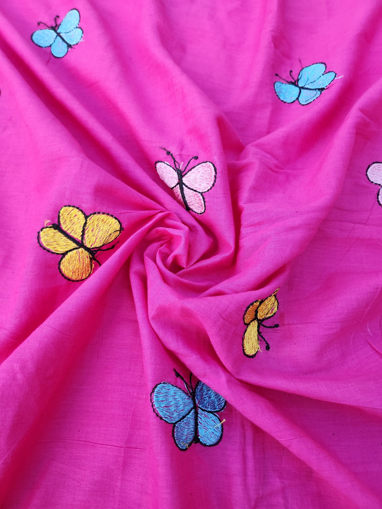 Pink Color Kora Cotton with Multi Color Embroidery Butterfly