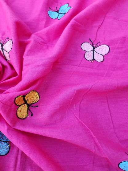 Pink Color Kora Cotton with Multi Color Embroidery Butterfly