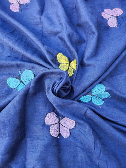 Navy Blue Color Kora Cotton with Multi Color Embroidery Butterfly