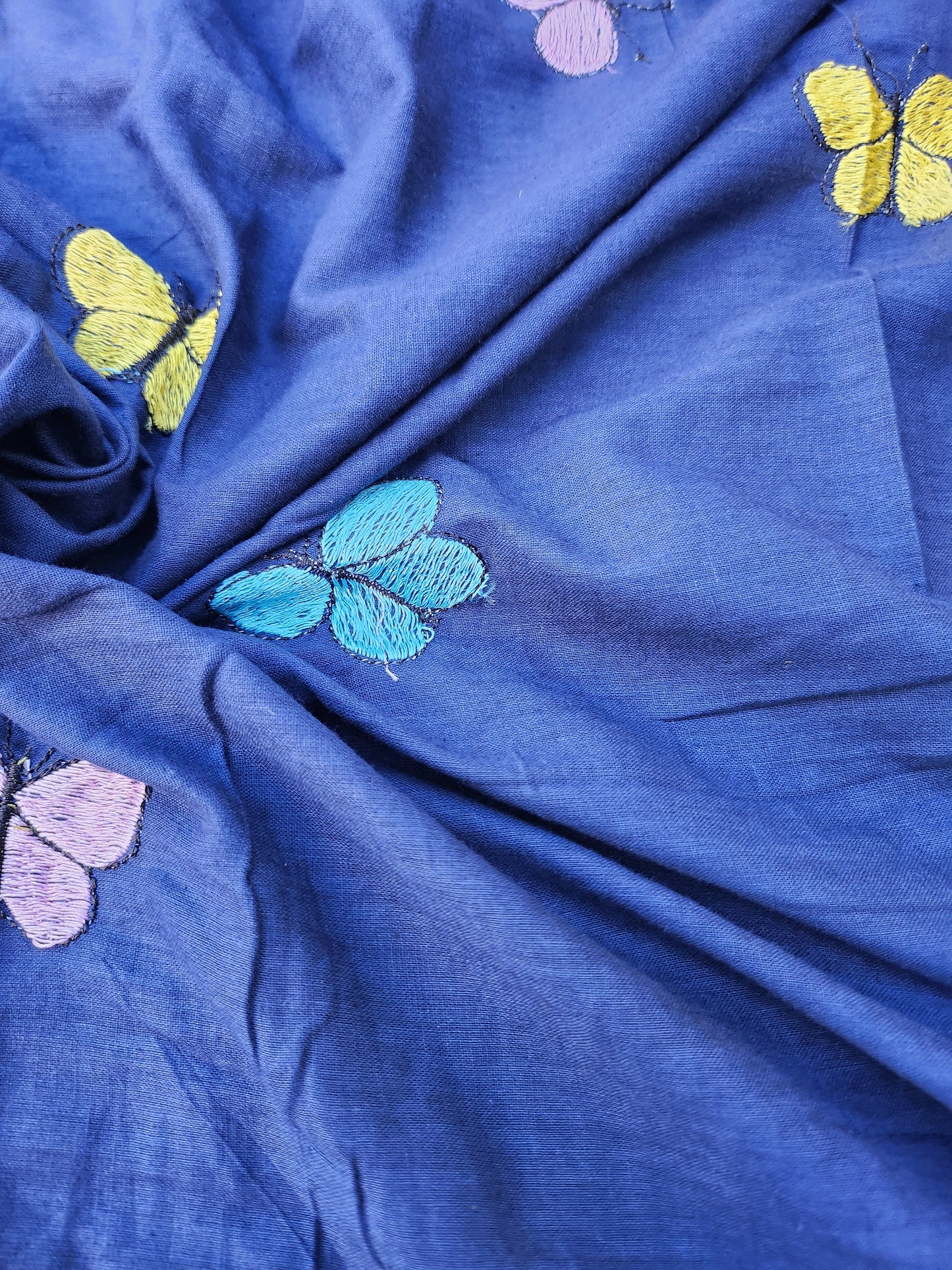 Navy Blue Color Kora Cotton with Multi Color Embroidery Butterfly