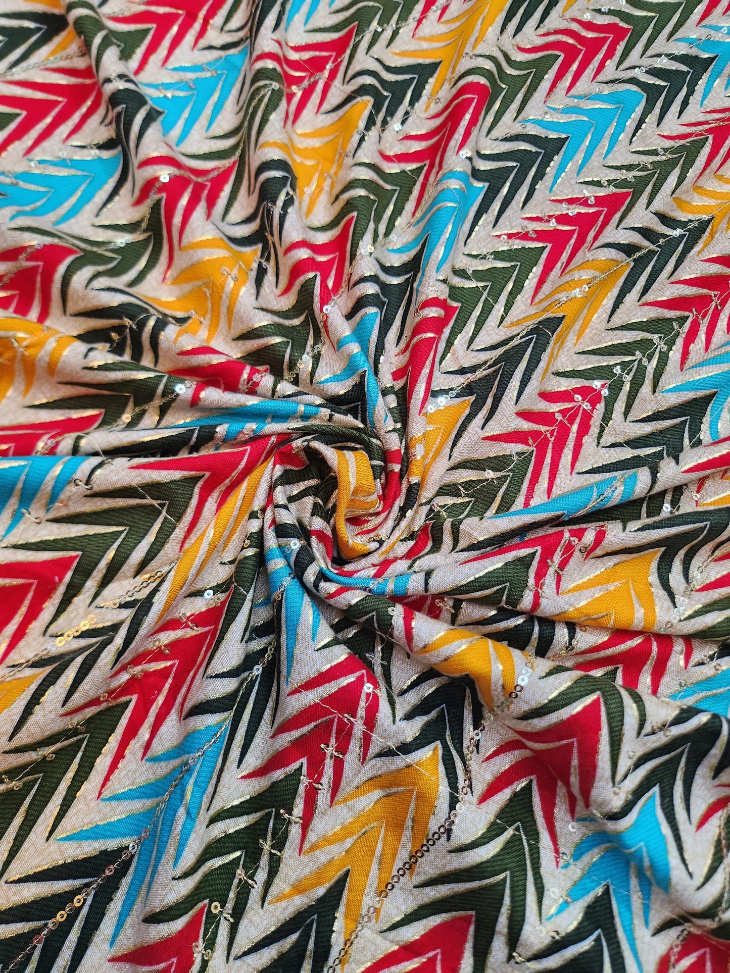 Pure Rayon Cotton with Multi Color zig zag print sequence Design