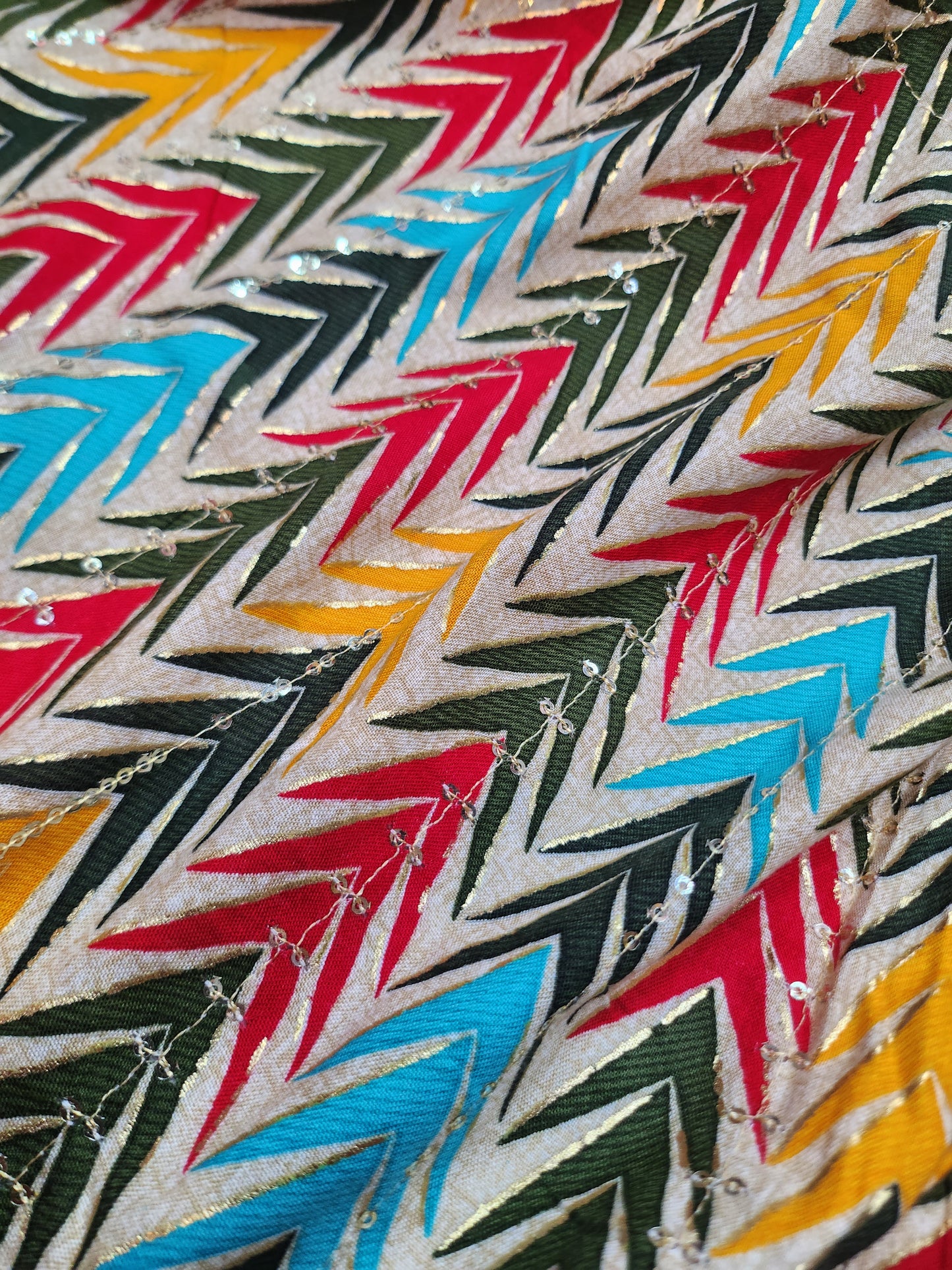 Pure Rayon Cotton with Multi Color zig zag print sequence Design