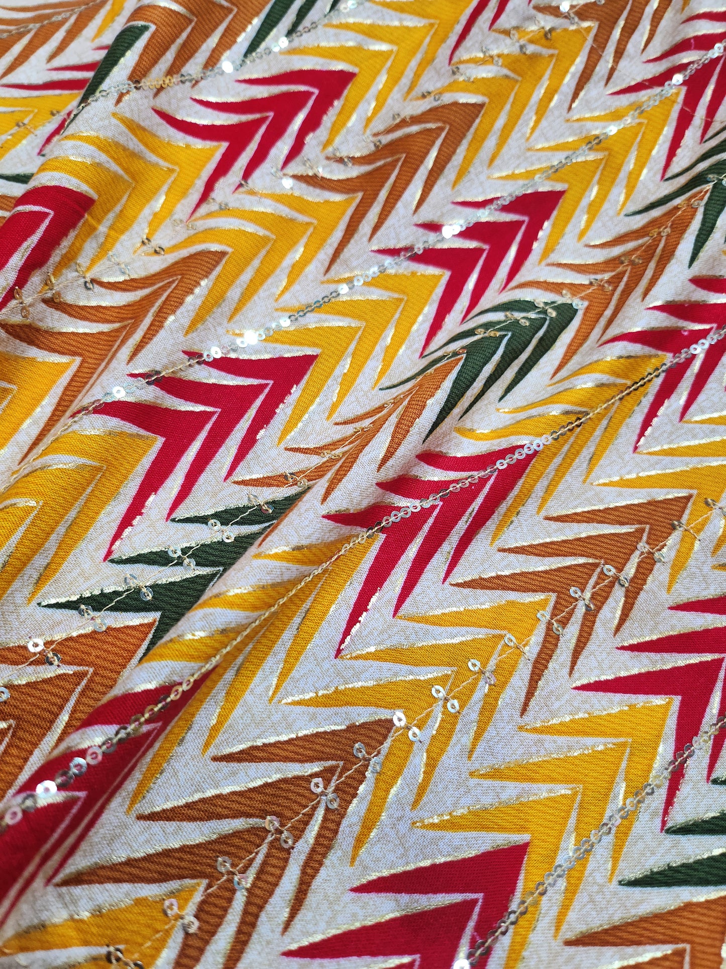 Pure Rayon Cotton with Multi Color zig zag print sequence Design