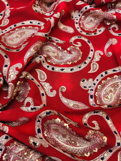 Pure Rayon Cotton Dark Maroon and Red Color with Gold Embossed Foil Work Paisley Print