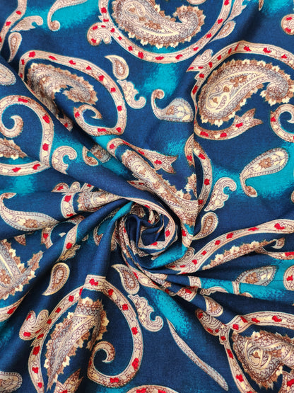 Pure Rayon Cotton Teal Color with Gold Embossed Foil Work Paisley Print