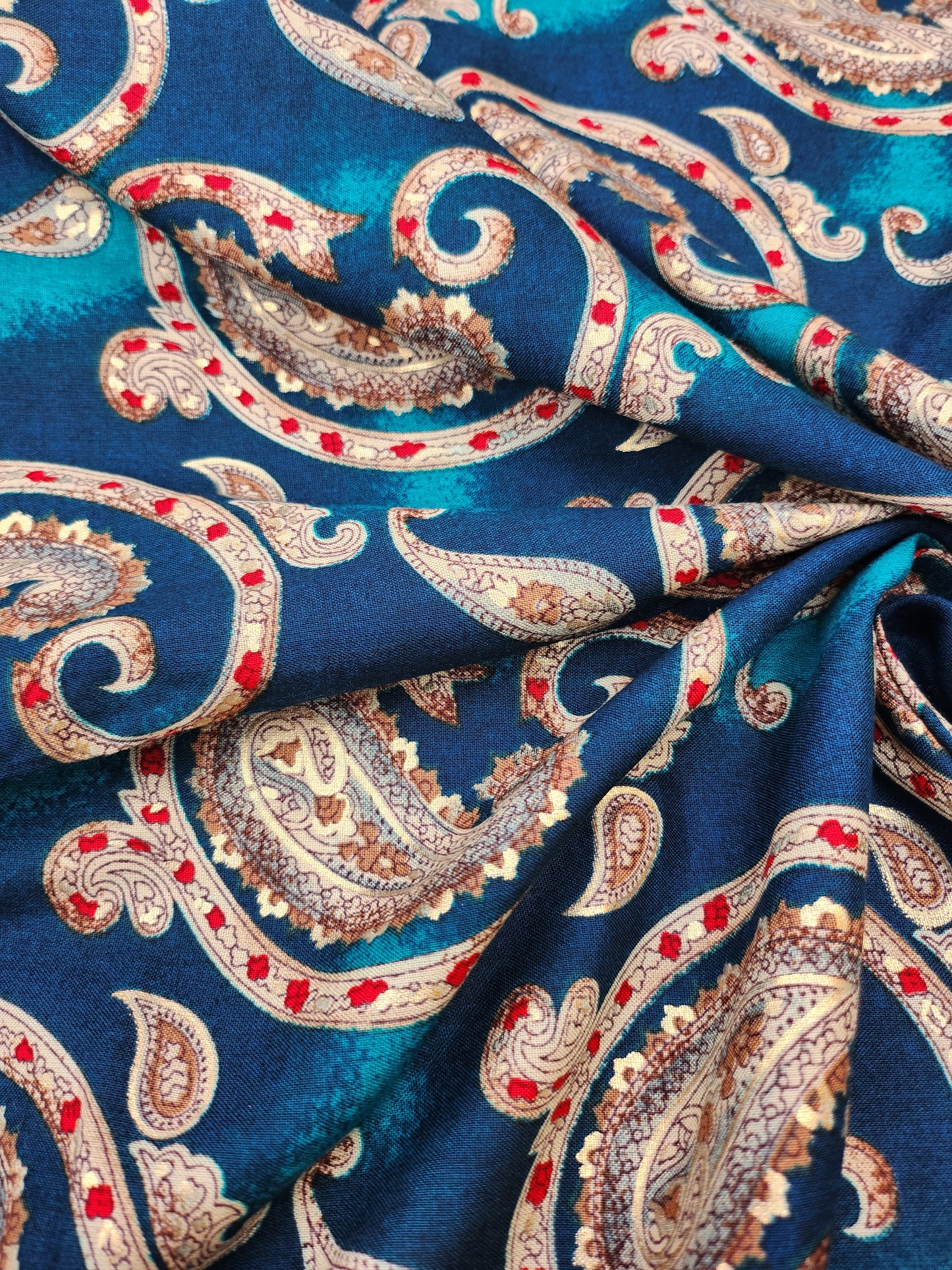 Pure Rayon Cotton Teal Color with Gold Embossed Foil Work Paisley Print