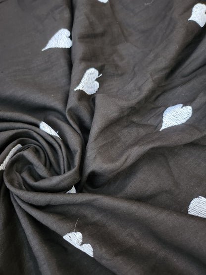 Black Color Kora Cotton Embroidery with white Heart