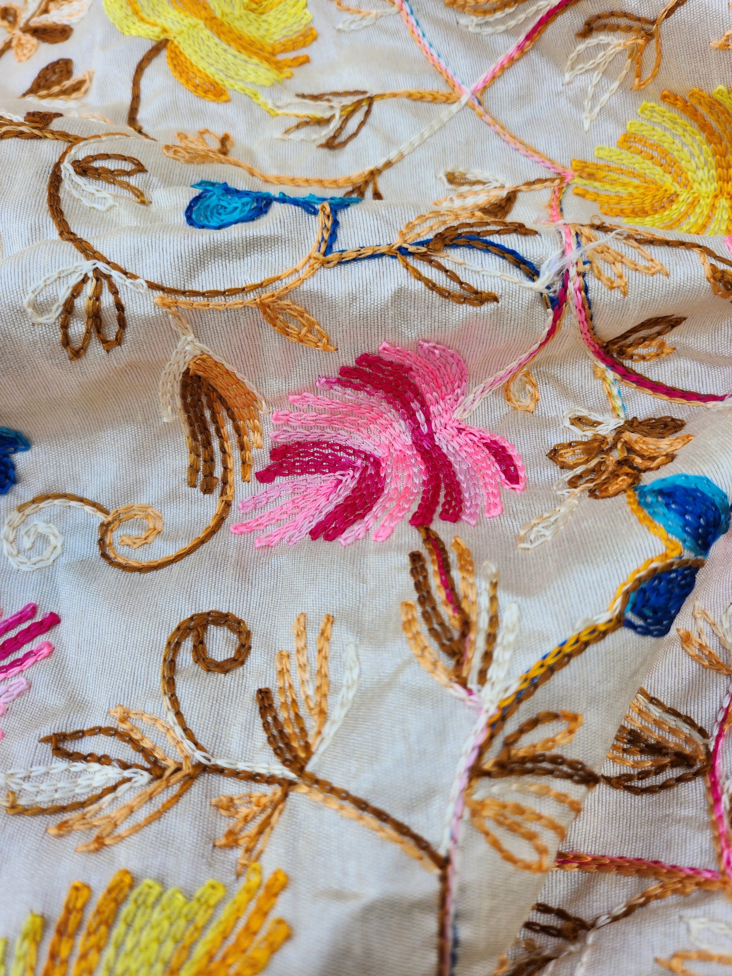 Raw Silk Cream Color with Multi Color Thread Embroidery Floral