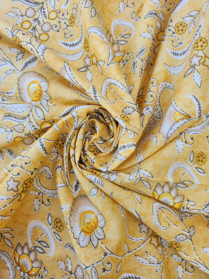 Pure Rayon Cotton with Yellow Color Floral and Abstract design