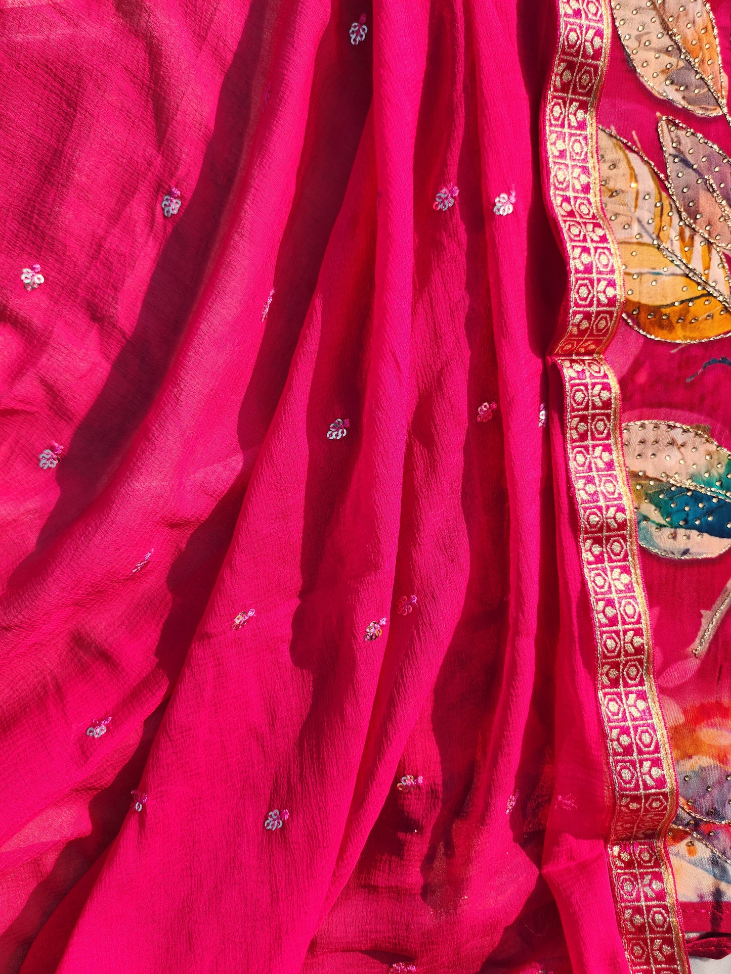 Pure Natural Crepe Fabric Suit Pink Color with Swarovski and Golden Pitta work