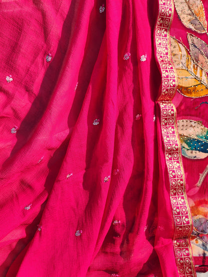 Pure Natural Crepe Fabric Suit Pink Color with Swarovski and Golden Pitta work