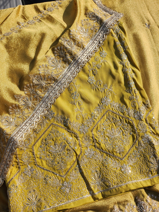 Pure satin silk pure suit with gotta patti and sequence work with floral pattern Yellow color