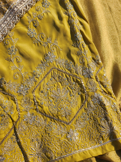 Pure satin silk pure suit with gotta patti and sequence work with floral pattern Yellow color