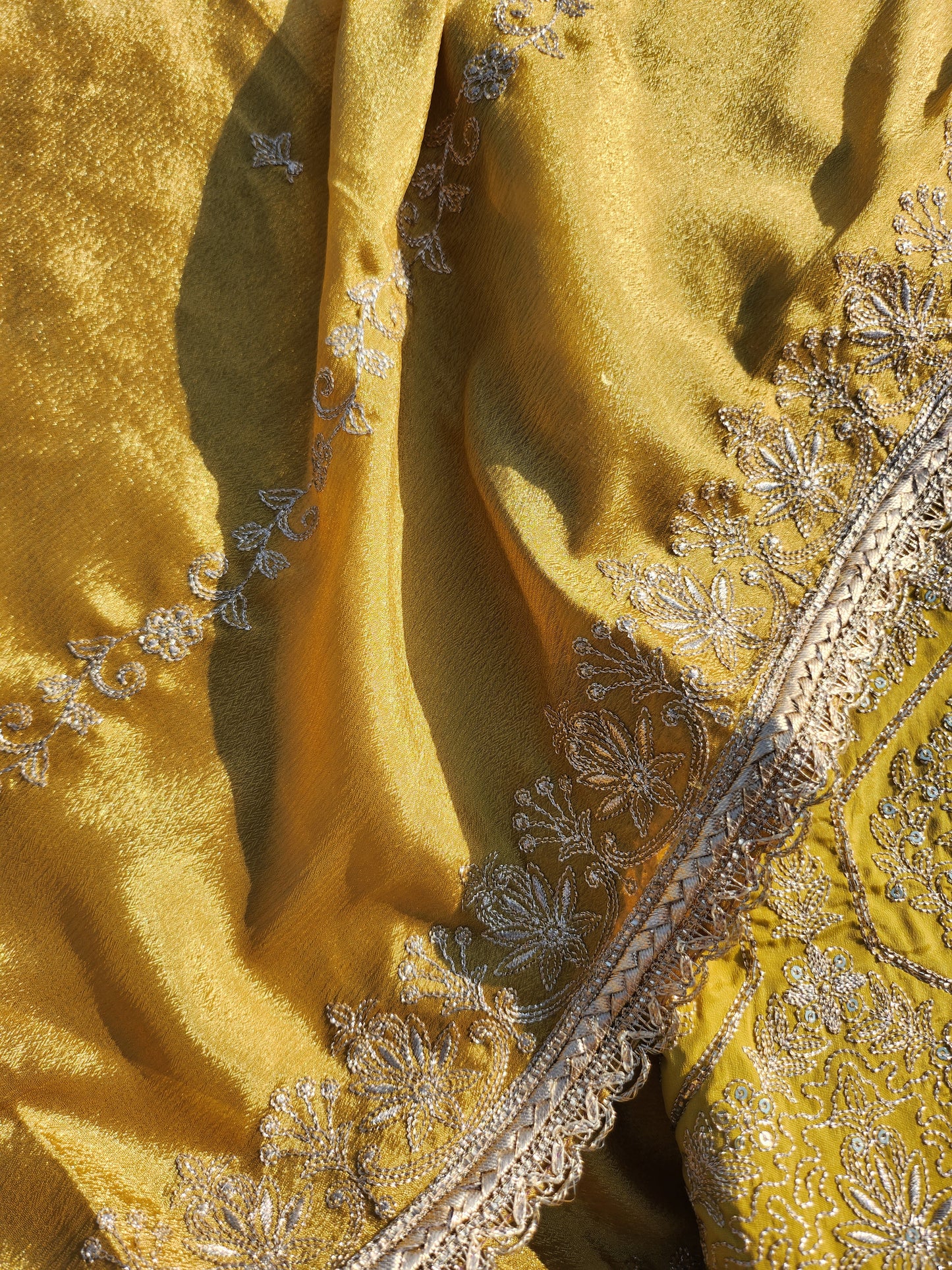 Pure satin silk pure suit with gotta patti and sequence work with floral pattern Yellow color