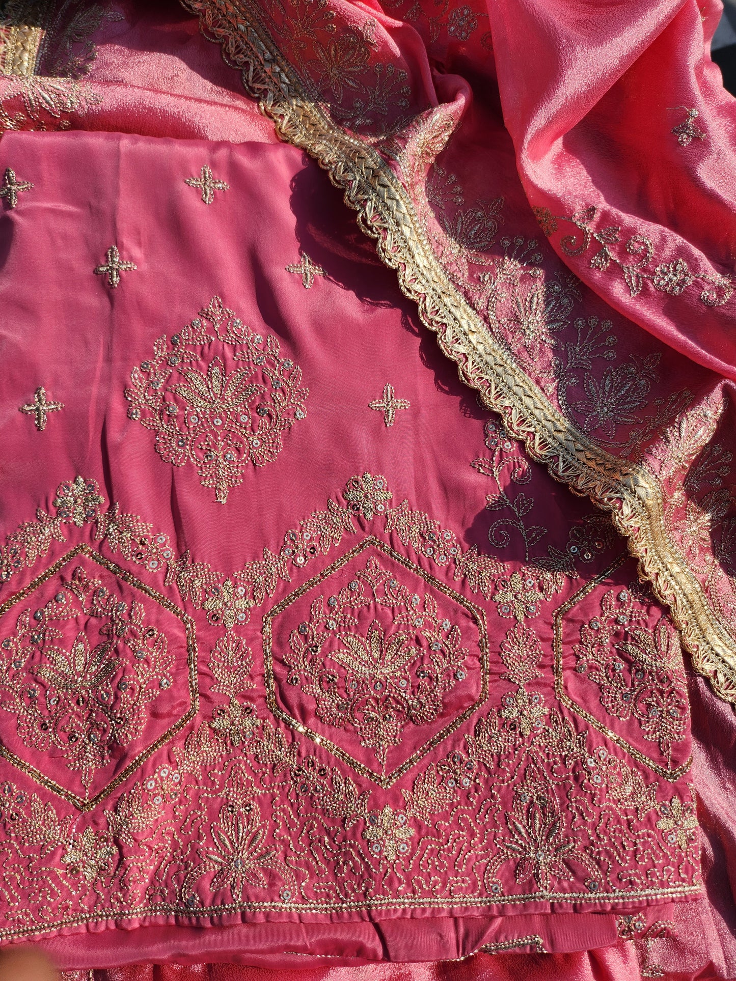 Pure satin silk pure suit with gotta patti and sequence work with floral pattern Pink color