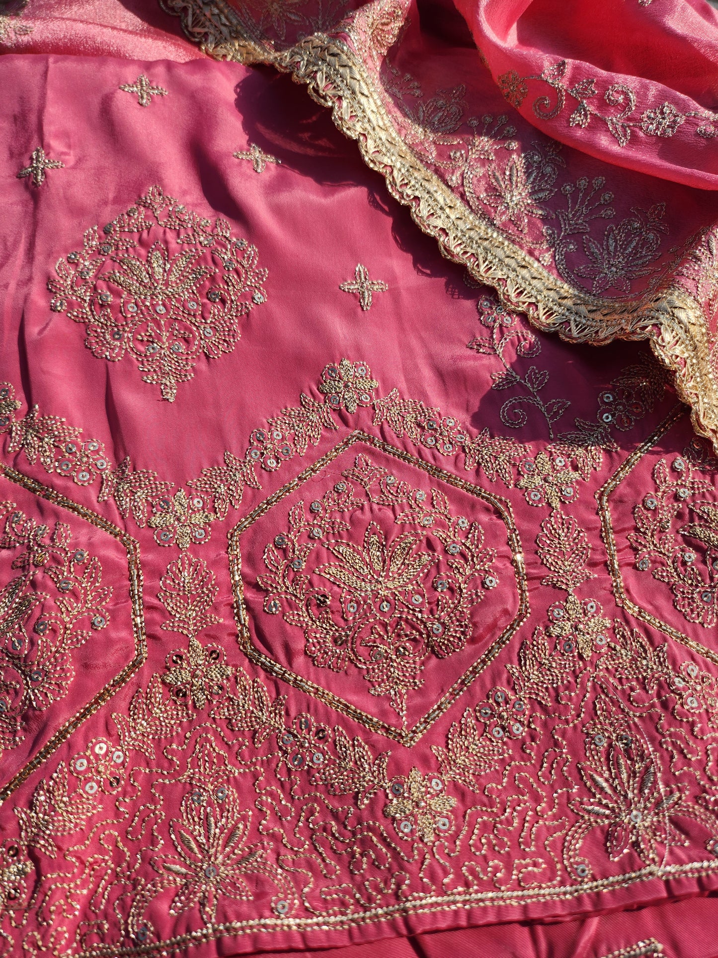 Pure satin silk pure suit with gotta patti and sequence work with floral pattern Pink color