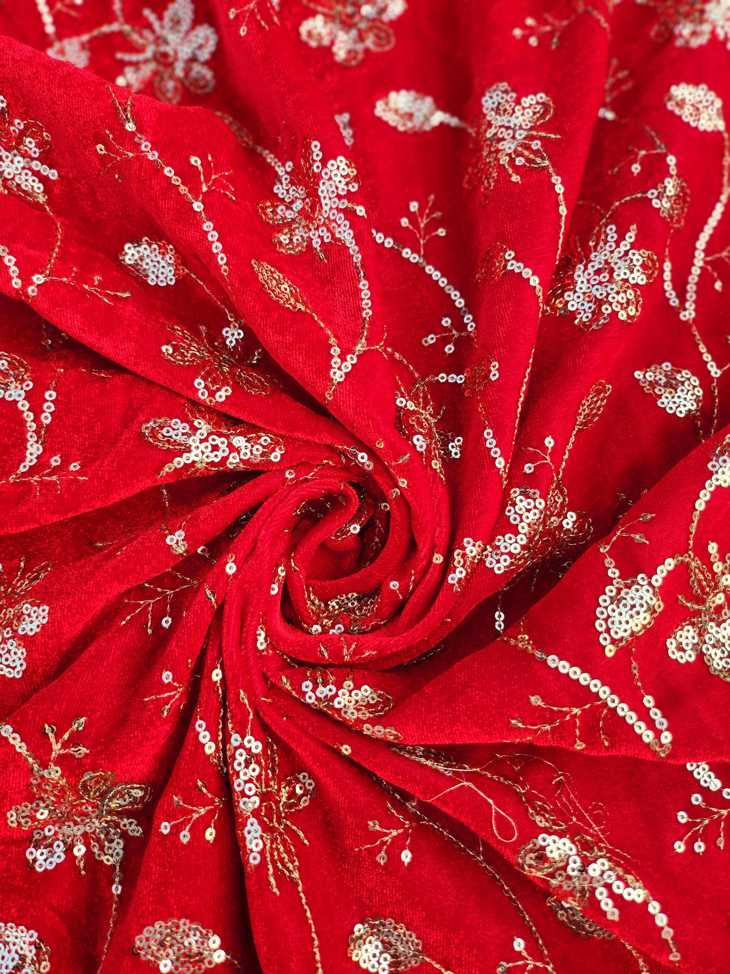 Pure velvet 9000 fabric and comes with beautiful floral trail embroidery with hand woven sequence work