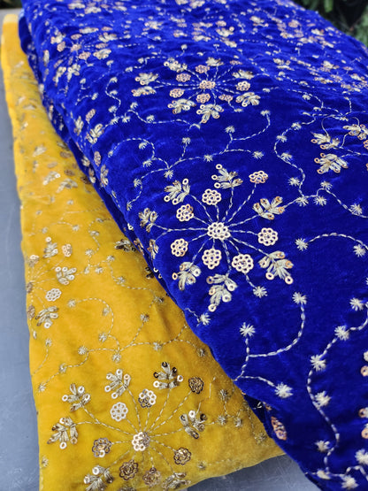 Pure velvet 9000 fabric and comes with beautiful floral trail embroidery yellow color with hand woven sequence work