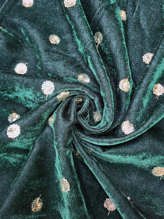 Pure Velvet 9000 Fabric in Bottle Green with Embossed Work