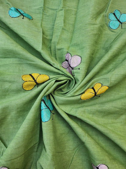 Dark Green Color Kora Cotton with Multi Color Embroidery Butterfly