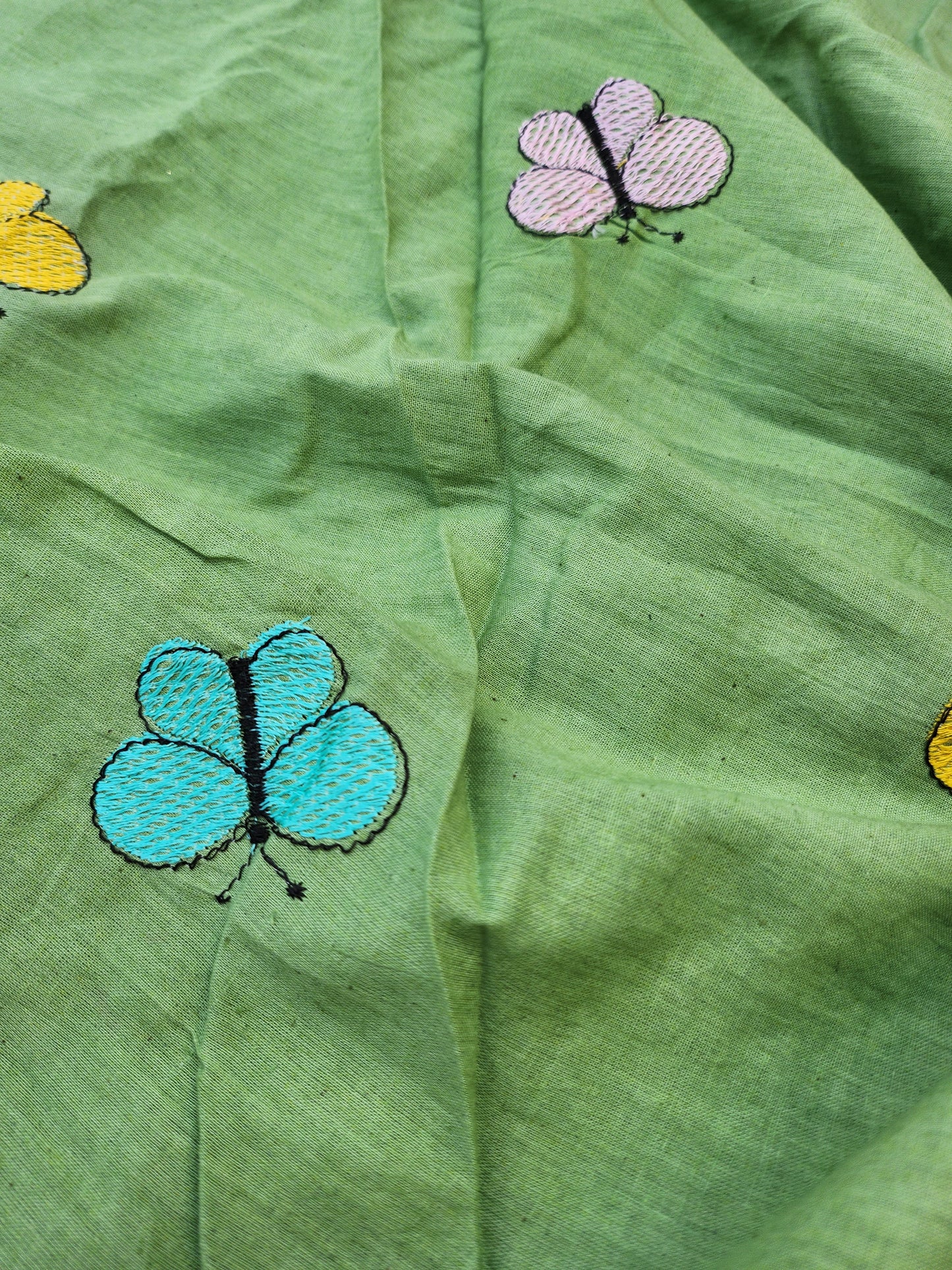 Dark Green Color Kora Cotton with Multi Color Embroidery Butterfly