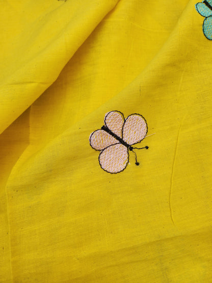 Yellow Color Kora Cotton with Multi Color Embroidery Butterfly