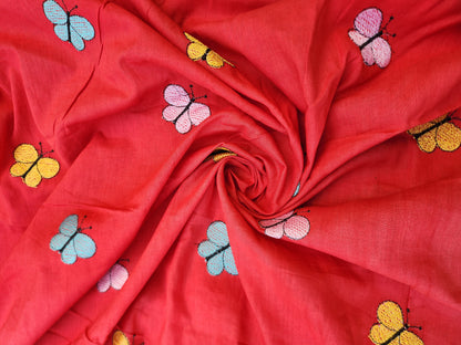 Dark Red Color Kora Cotton with Multi Color Embroidery Butterfly