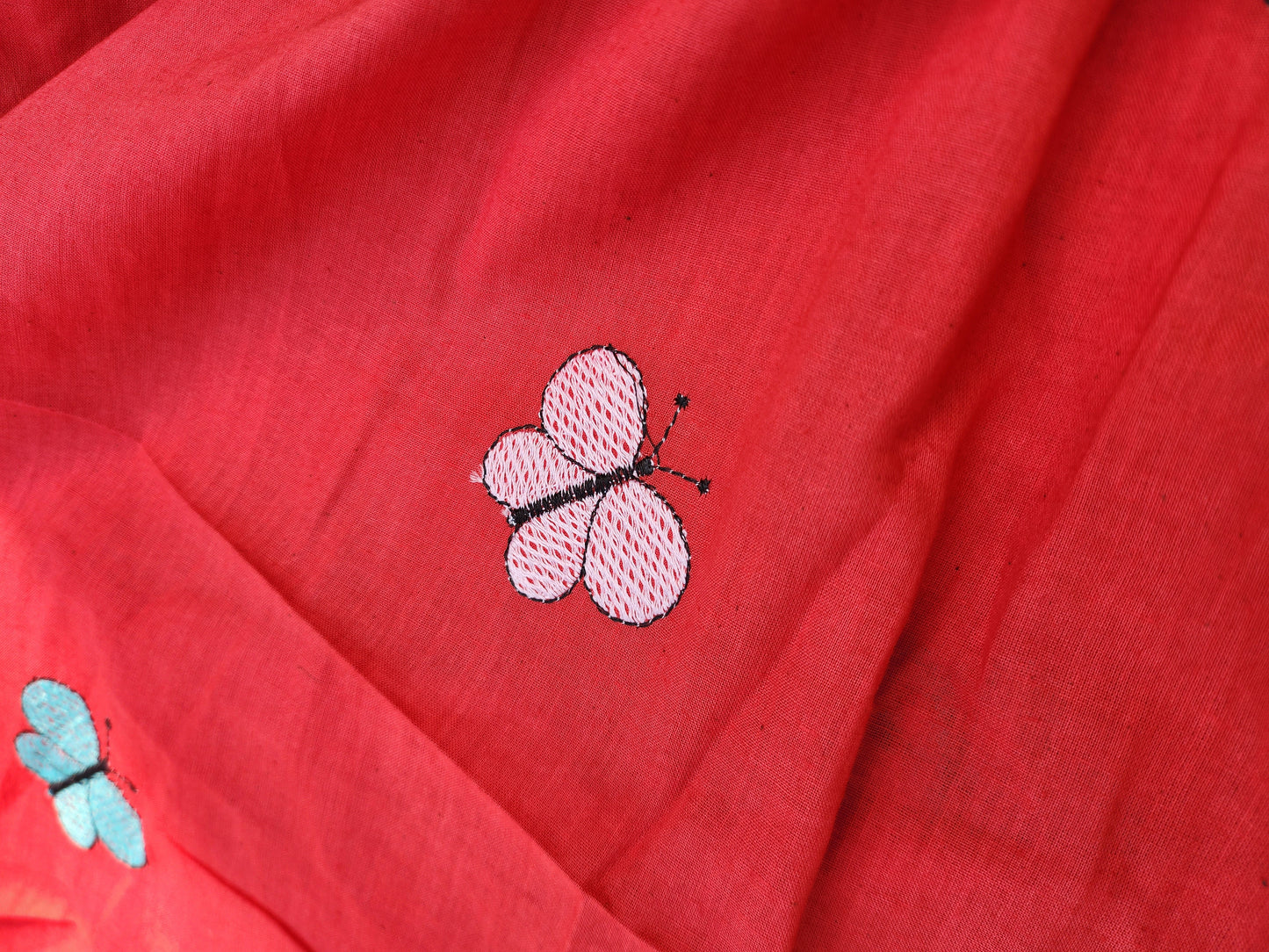 Dark Red Color Kora Cotton with Multi Color Embroidery Butterfly