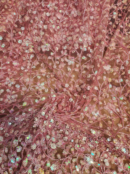 Net fabric old rose Color with floral pattern and sequence work