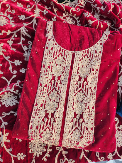 Pure Velvet 9000 Suit with Pure Resham Work Red Color