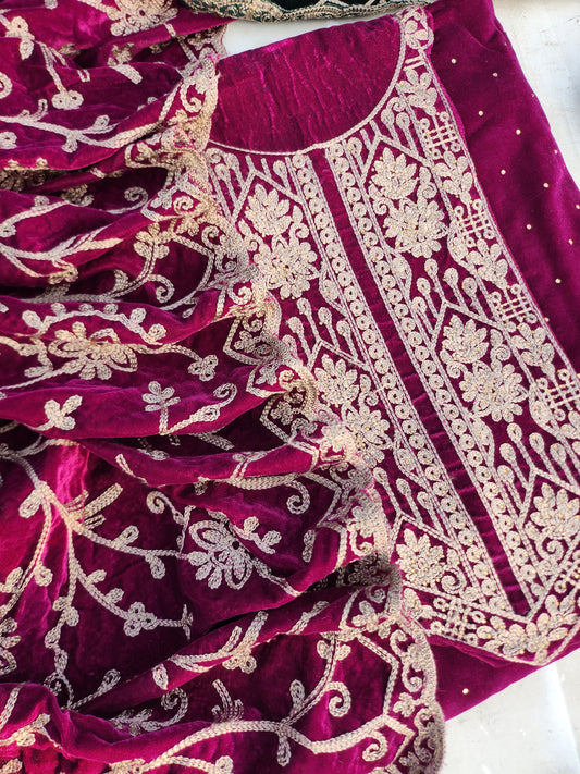 Pure Velvet 9000 Suit with Pure Resham Work Pink Color