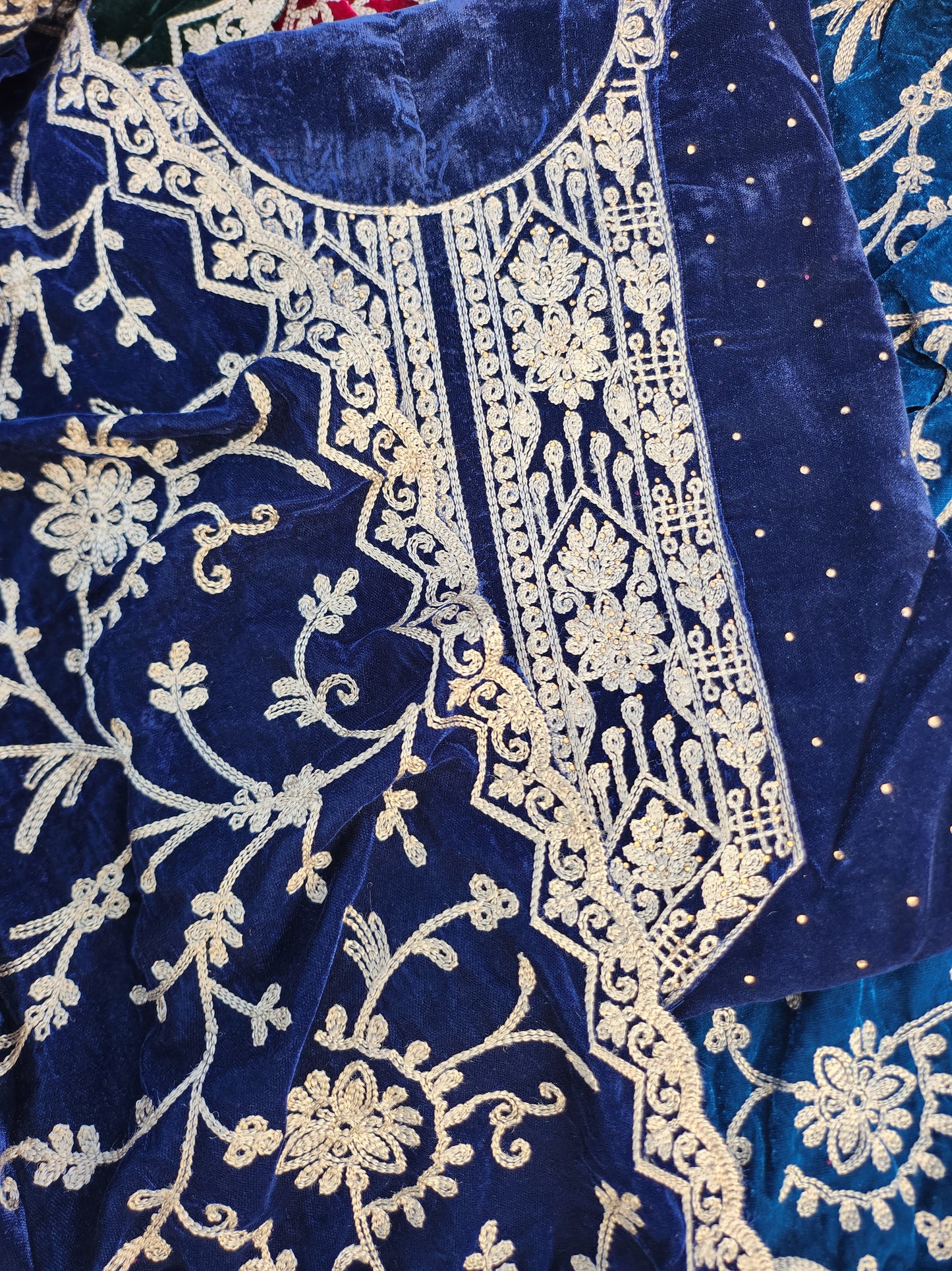 Pure Velvet 9000 Suit with Pure Resham Work Blue Color