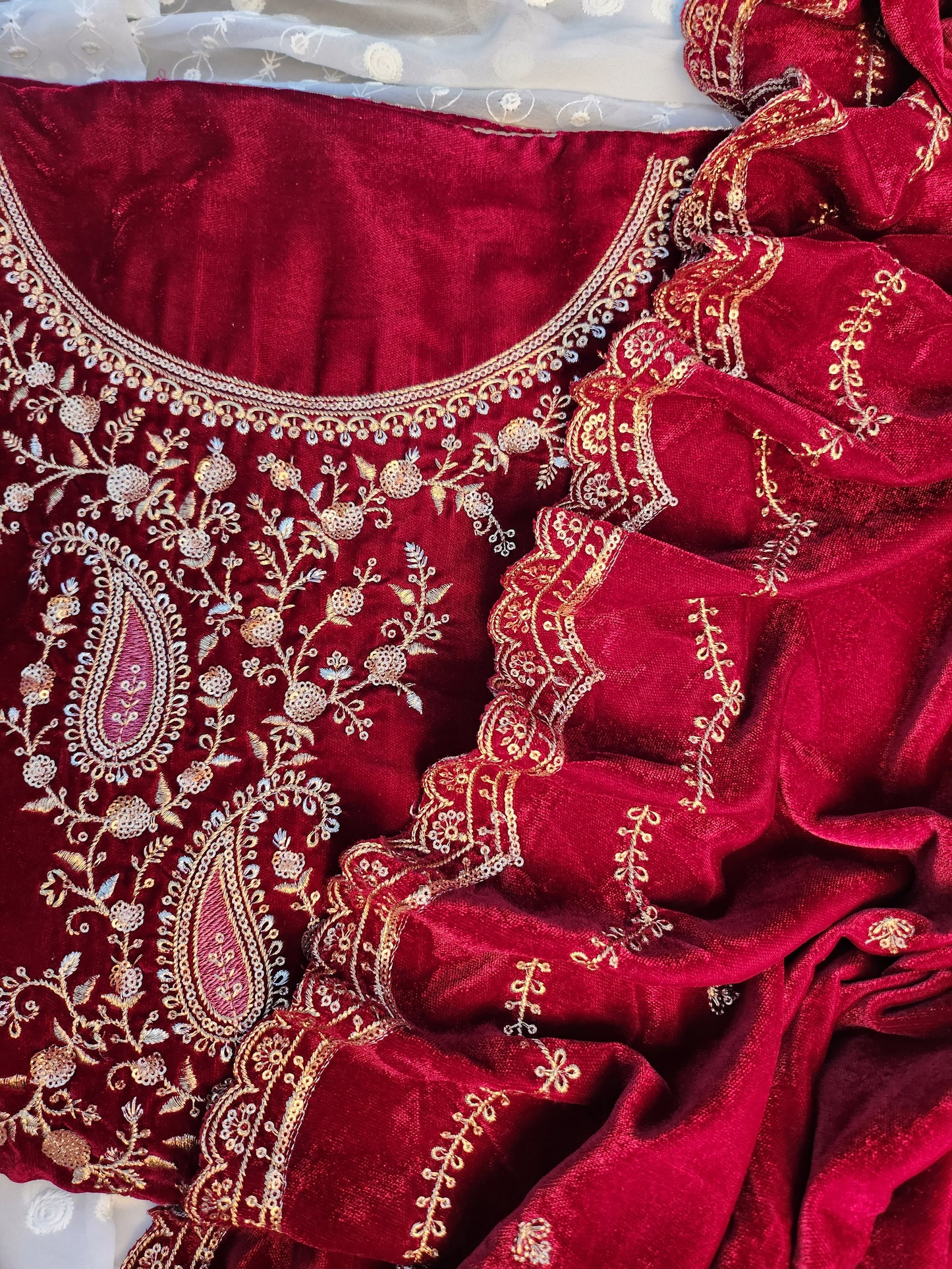 Pure Velvet Suit with Intricate Resham Work Red Color