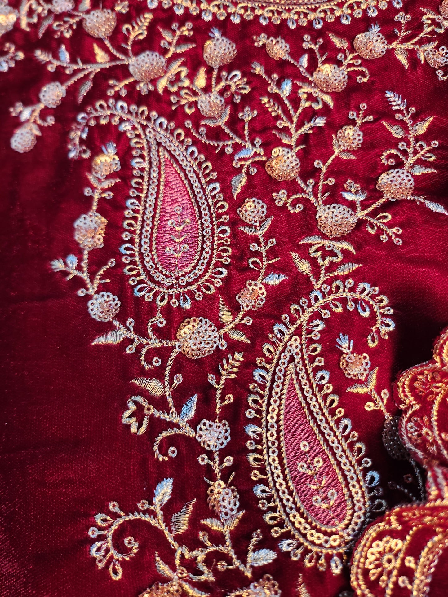 Pure Velvet Suit with Intricate Resham Work Red Color