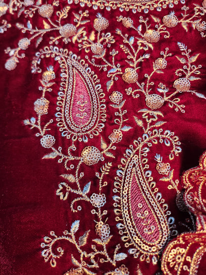 Pure Velvet Suit with Intricate Resham Work Red Color