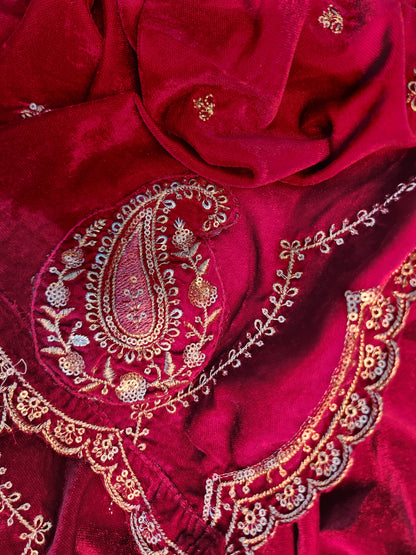 Pure Velvet Suit with Intricate Resham Work Red Color