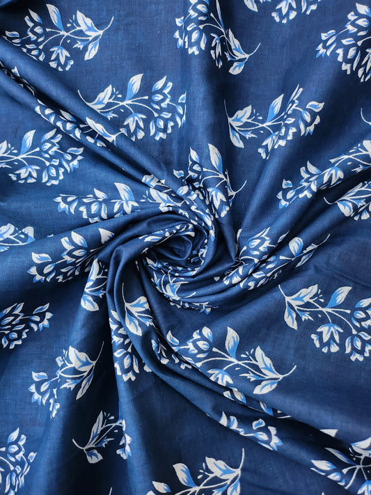 Cotton with Indigo Color Flower Hand Block Print