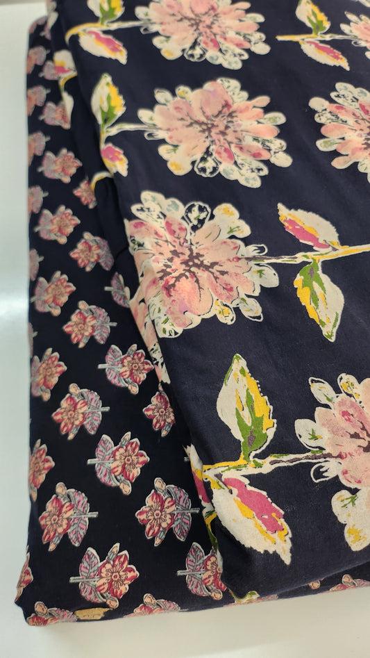 Black Pure Cotton Fabric With Big Floral Print