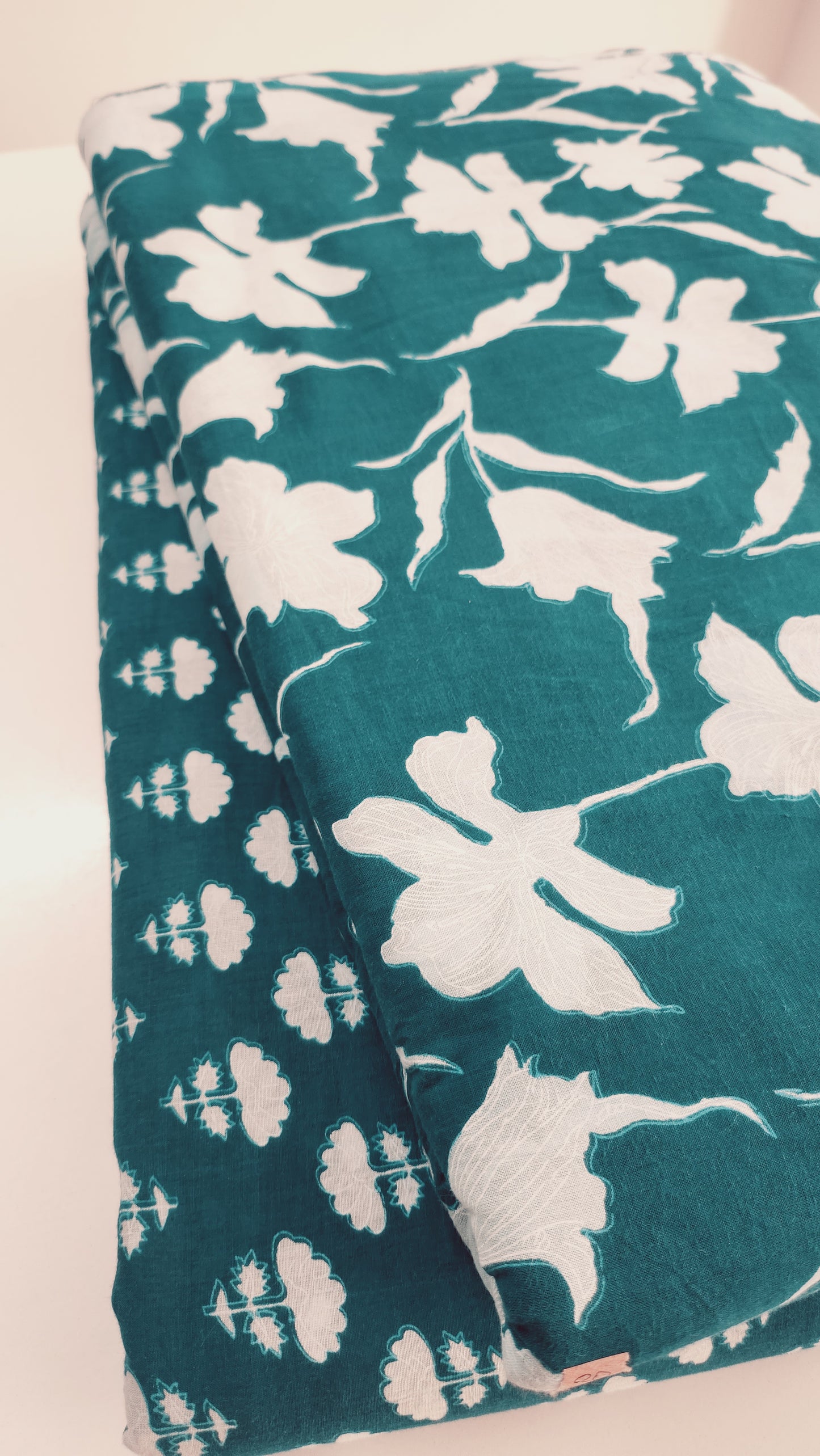 Teal Blue Color Pure Cotton fabric With White Big Floral Print