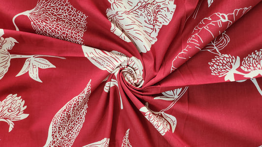 Red Color Pure Cotton fabric With White Big Floral Print