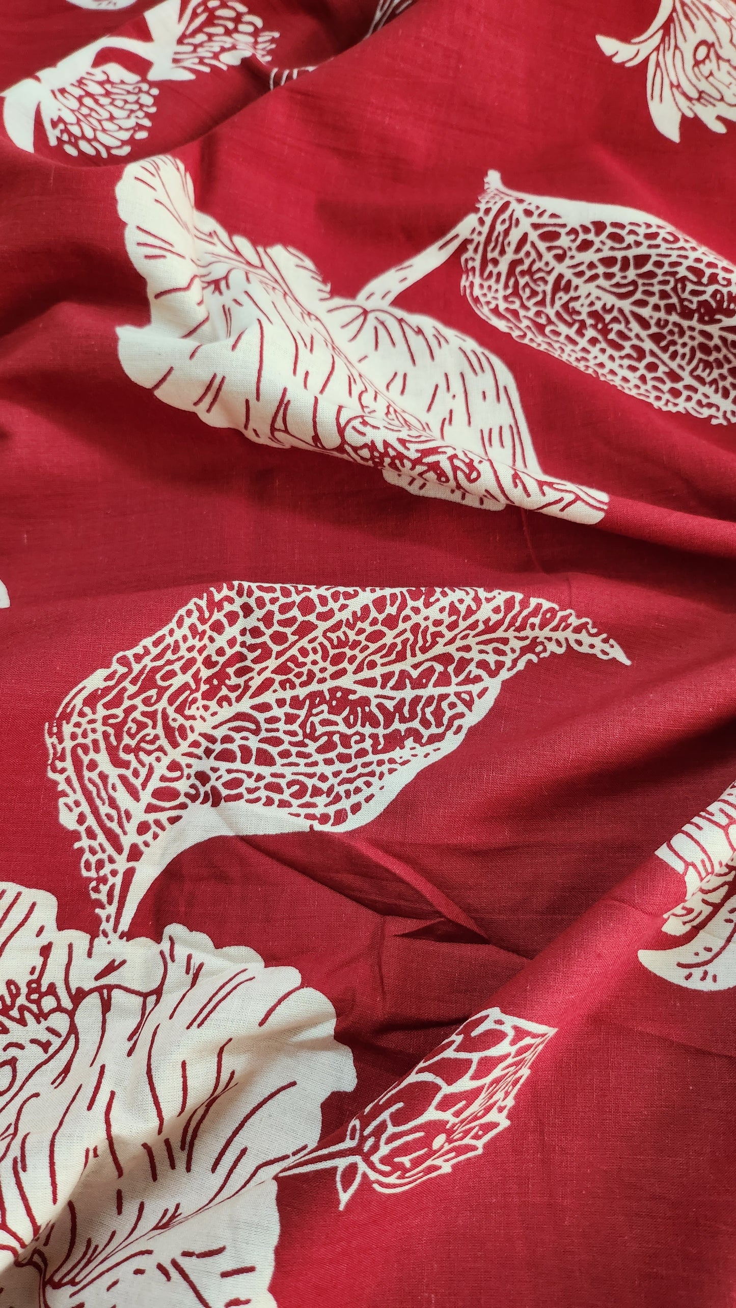 Red Color Pure Cotton fabric With White Big Floral Print