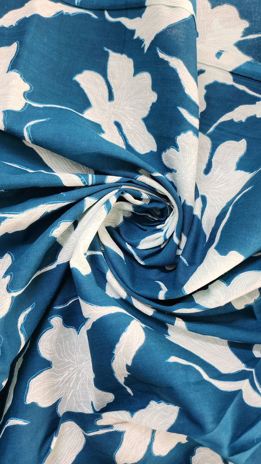 Teal Blue Color Pure Cotton fabric With White Big Floral Print