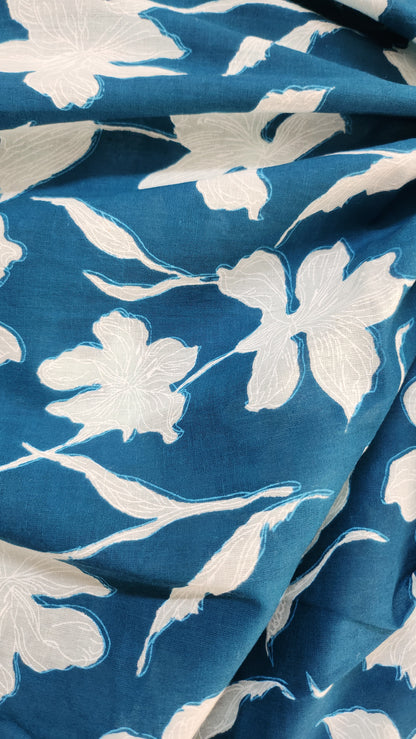 Teal Blue Color Pure Cotton fabric With White Big Floral Print