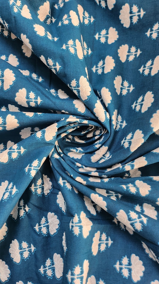 Teal Blue Color Pure Cotton fabric With White Small Floral Print